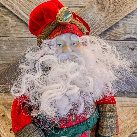 Traditional Christmas Santa Treetop/Tabletop-Embroidered Coat/Plaid Accents-10"H - Picture 6 of 8